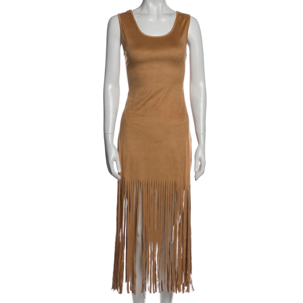 Christian Siriano Fringe Scoop Neck Midi Length Sleeveless Tank Dress